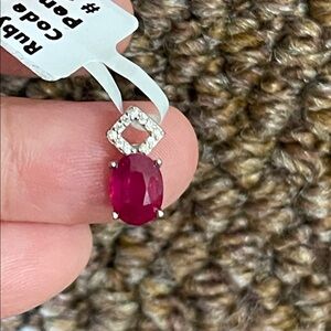 NWT Elegant Natural Ruby 8X6mm and CZ Accents Pendant in 925 Sterling Silver